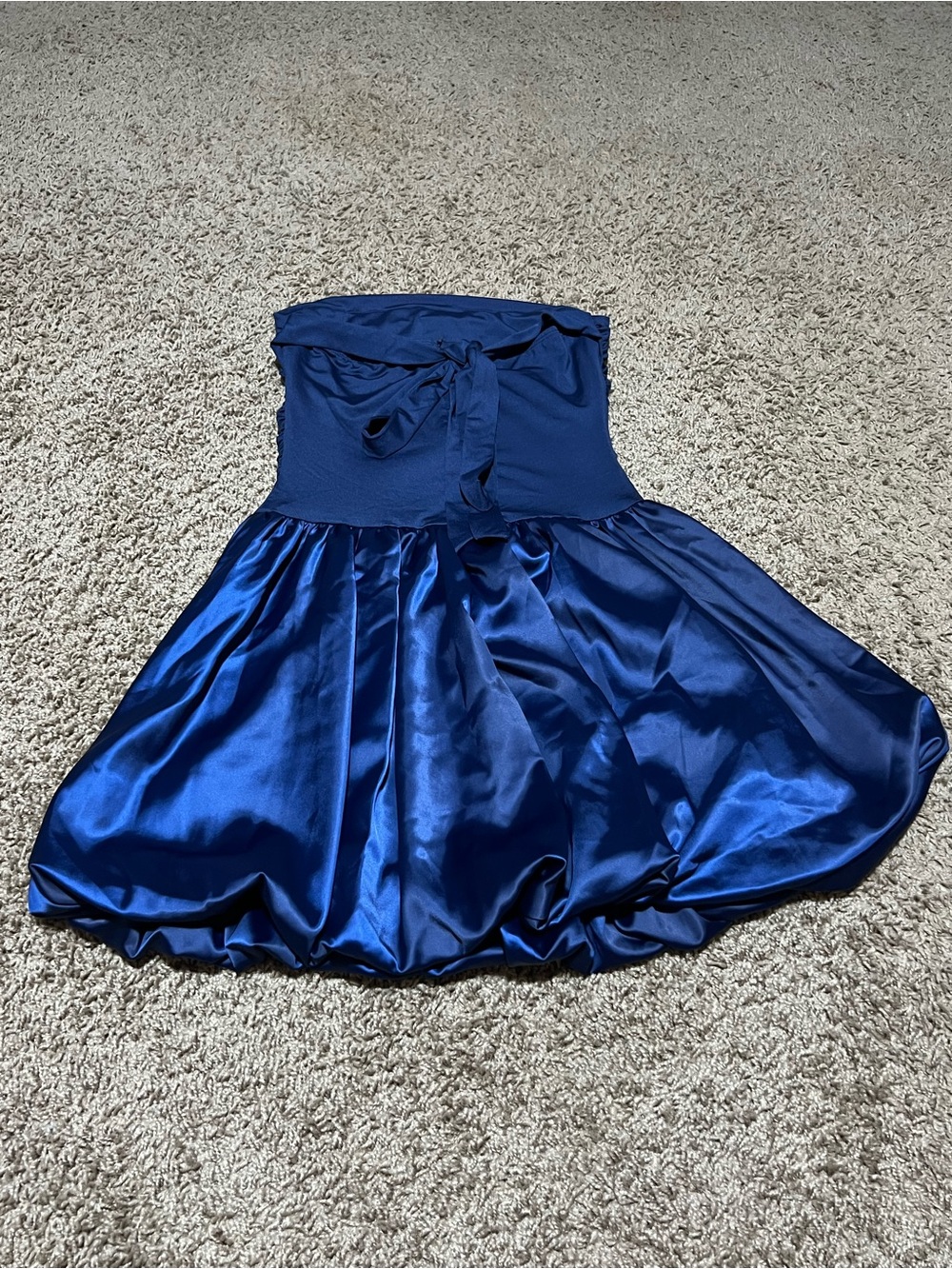 Strapless Satin Bubble-Hem Mini Dress in Cobalt Blue